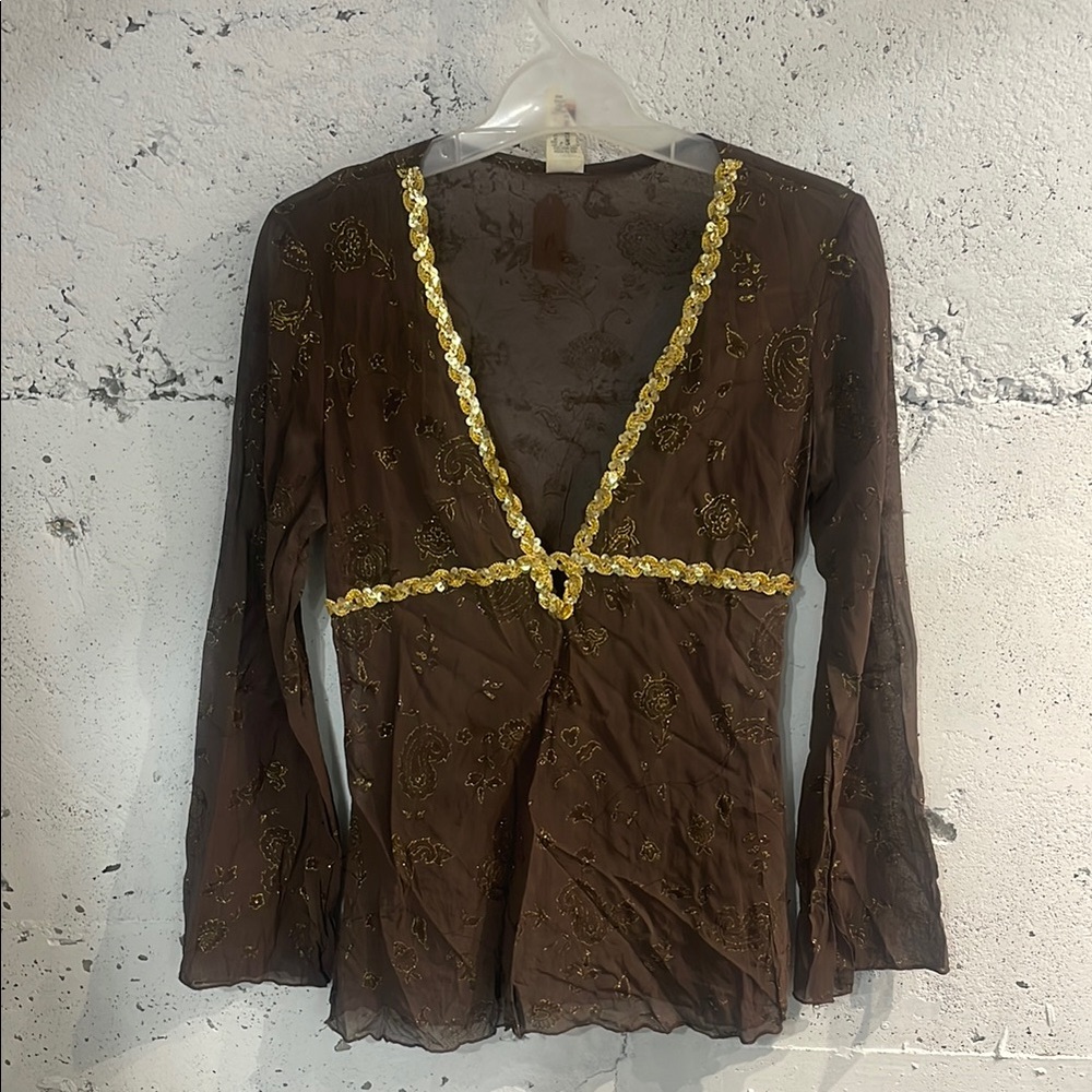 Brown and Gold Embellished Women's Top
